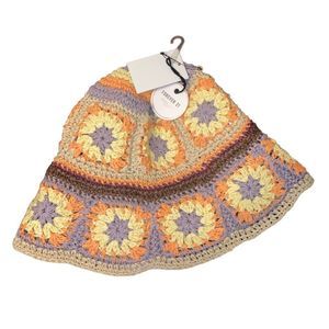 NWT Forever 21 Premium Bohemian Woven Straw Multicolor Granny Square Bucket Hat